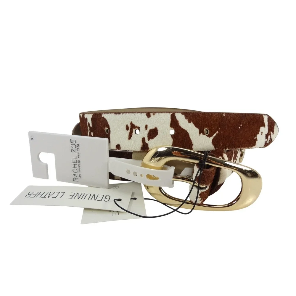 Rachel Zoe Belt Womens XL Brown New Cowhide Print Hair On Leather Gold Buckle